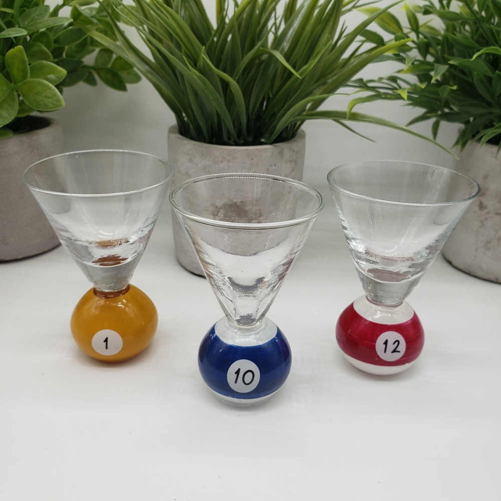 Set of 3 Billiard Ball Shaped and Numbered Base Martini Glasses AS IS
